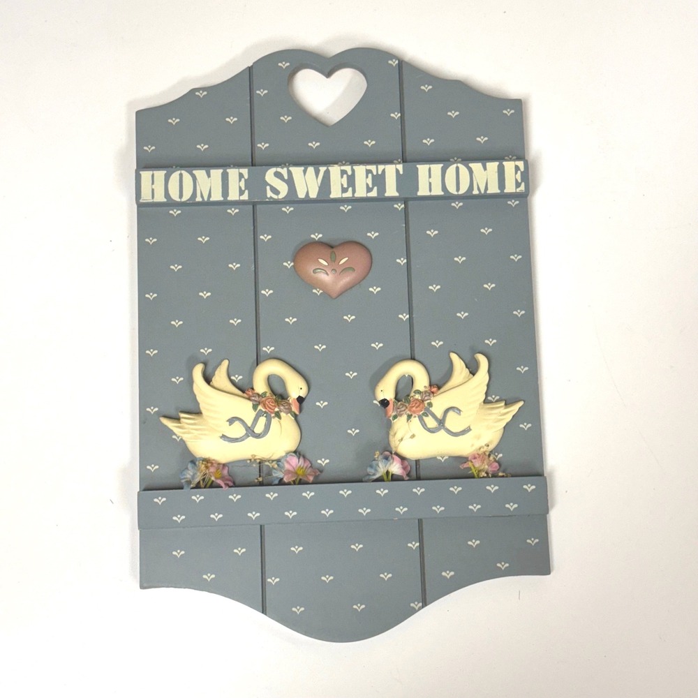 Vintage Home Sweet Home Wood Wall Plaque Blue Country Swans Heart Decor ZG 1269